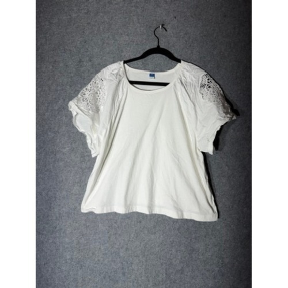 Old Navy Womens XL Off White Boho Crochet Lace Shoulder Short Sleeve Cotton Top - Picture 2 of 9